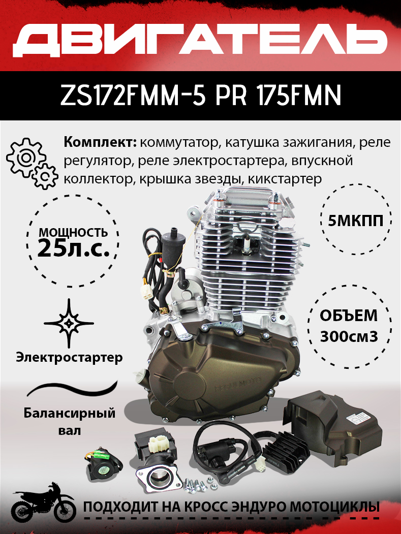 Двигатель ZS172FMM-5 PR (175FMN), 300cc, big bore 75мм, 5 передач, с баланс. валом